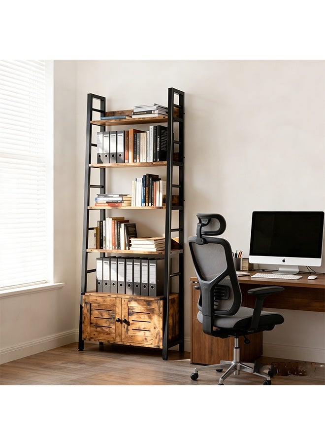 رف كتب 5 طبقات شبه منحرف - حامل تخزين متكامل، خزانة كتب مفتوحة بهيكل حديدي بسيط وخزانة، حامل عرض حديدي بسيط لرف الكتب لغرفة المعيشة، غرفة النوم، المكتب - Image 1